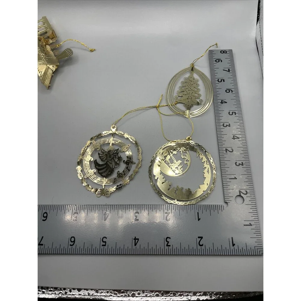 11 Gold Metal Filigree Christmas Ornaments Santa Sleigh Train Tree Snowflake